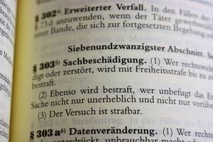 Aufgeschlagenes Gesetzbuch mit dem Paragraphen 303 Strafgesetzbuch im Bild.